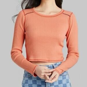 Mauby Ribbed Long Sleeve Crop Top Orange Contrast Stitch Fitted Tee Women’s S